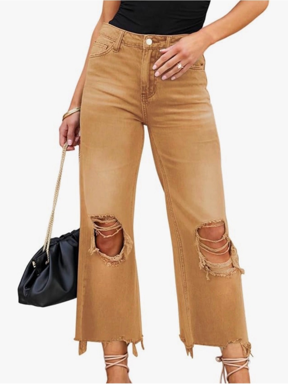 High-Waist Distressed Wide-Leg Jeans - Tan